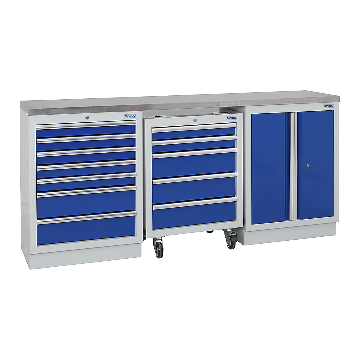 BiGDUG | 2041mm Wide Workbench | 1 Roll Cabinet | 2 Cabinet, BiGDUG | 2041mm Wide Workbench | 1 Roll Cabinet | 2 Cabinet, BiGDUG | 2041mm Wide Workbench | 1x Roll Cabinet | 7 Drawer Cabinet | 2 Door Cupboard | Grey Housing | Blue Drawers | Stainless Worktop-0