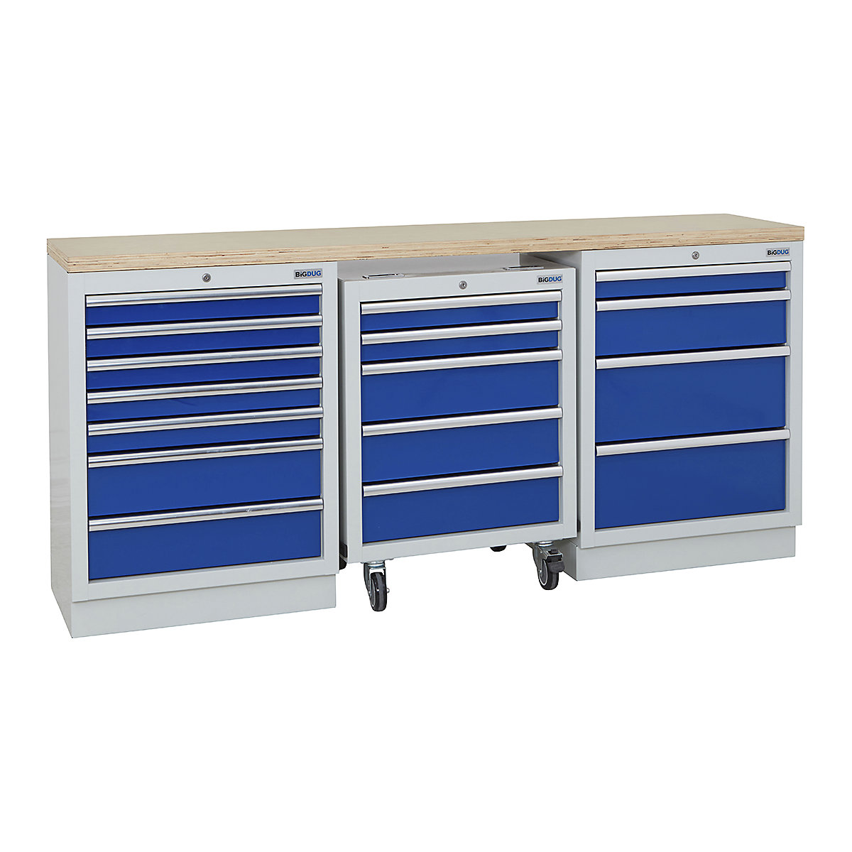 BiGDUG | 2041mm Wide Workbench | 1 Roll Cabinet | 2 Cabinet, BiGDUG | 2041mm Wide Workbench | 1 Roll Cabinet | 2 Cabinet, BiGDUG | 2041mm Wide Workbench | 1x Roll Cabinet | 7 Drawer Cabinet | 4 Drawer Cabinet | Grey Housing | Blue Drawers | Multiplex Worktop-0