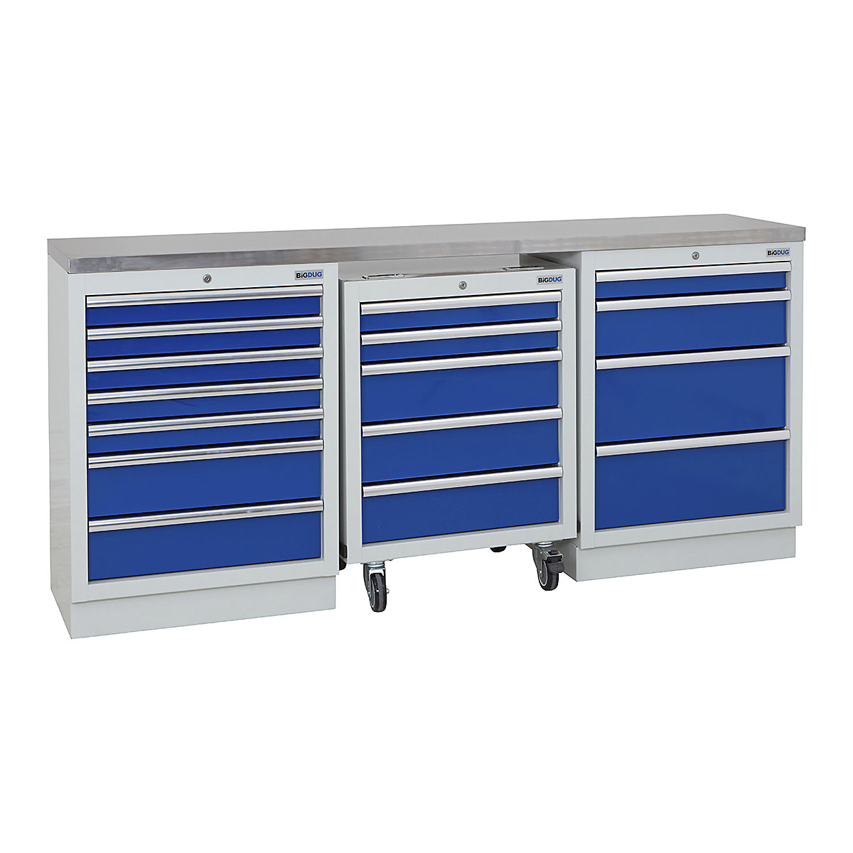 BiGDUG | 2041mm Wide Workbench | 1 Roll Cabinet | 2 Cabinet, BiGDUG | 2041mm Wide Workbench | 1 Roll Cabinet | 2 Cabinet, BiGDUG | 2041mm Wide Workbench | 1x Roll Cabinet | 7 Drawer Cabinet | 4 Drawer Cabinet | Grey Housing | Blue Drawers | Stainless Worktop-0