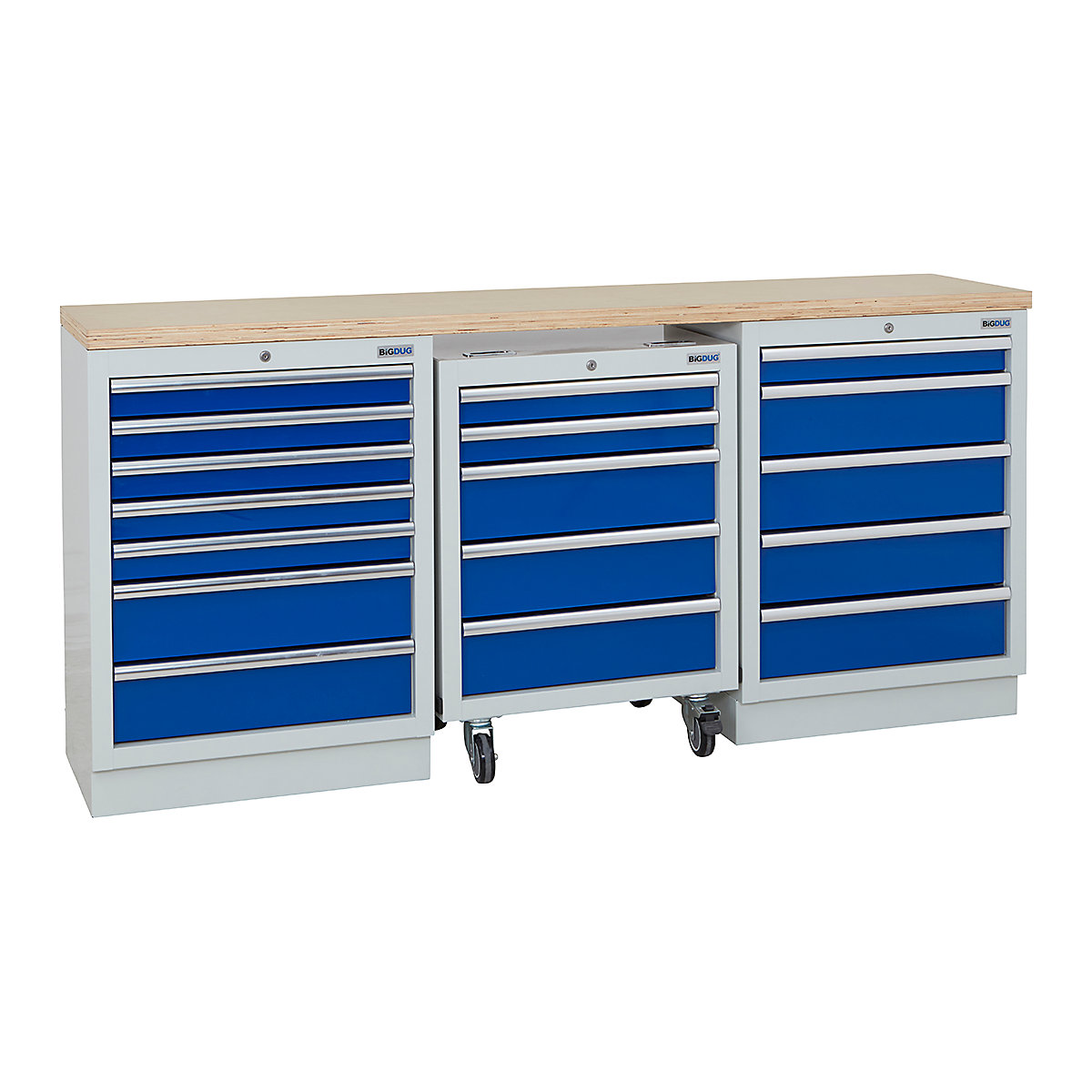 BiGDUG | 2041mm Wide Workbench | 1 Roll Cabinet | 2 Cabinet, BiGDUG | 2041mm Wide Workbench | 1 Roll Cabinet | 2 Cabinet, BiGDUG | 2041mm Wide Workbench | 1x Roll Cabinet | 7 Drawer Cabinet | 5 Drawer Cabinet | Grey Housing | Blue Drawers | Multiplex Worktop-0