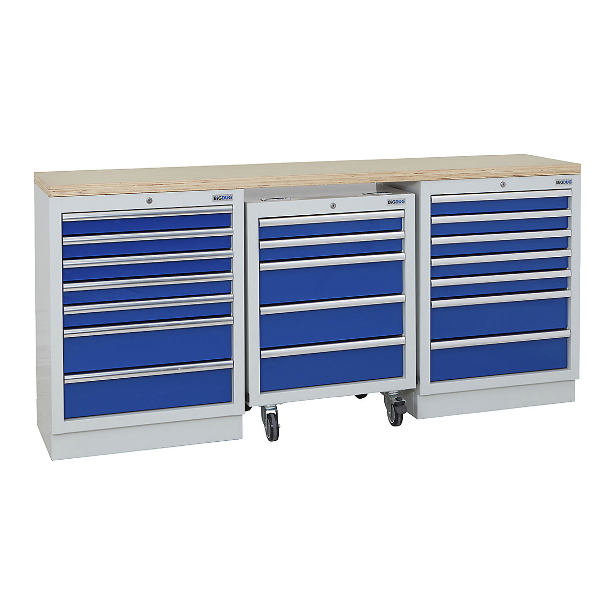 BiGDUG | 2041mm Wide Workbench | 1 Roll Cabinet | 2 Cabinet, BiGDUG | 2041mm Wide Workbench | 1 Roll Cabinet | 2 Cabinet, BiGDUG | 2041mm Wide Workbench | 1x Roll Cabinet | 2x 7 Drawer Cabinet | Grey Housing | Blue Drawers | Multiplex Worktop-0