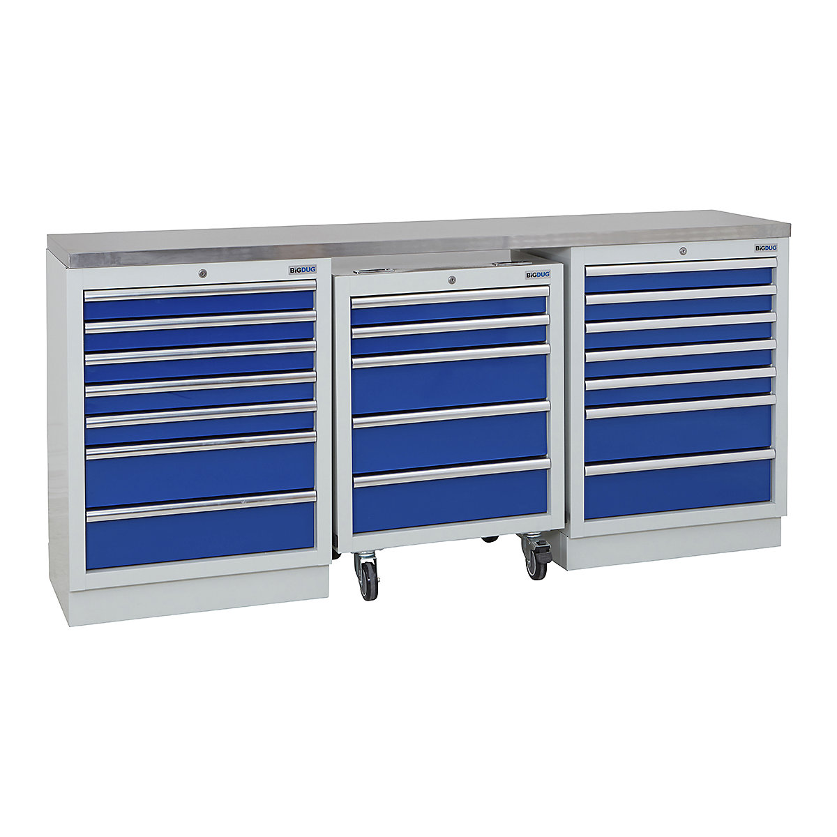 BiGDUG | 2041mm Wide Workbench | 1 Roll Cabinet | 2 Cabinet, BiGDUG | 2041mm Wide Workbench | 1 Roll Cabinet | 2 Cabinet, BiGDUG | 2041mm Wide Workbench | 1x Roll Cabinet | 2x 7 Drawer Cabinet | Grey Housing | Blue Drawers | Stainless Worktop-0