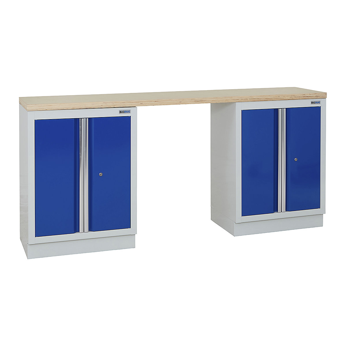 BiGDUG | 2041mm Wide Workbench | 2 Cabinet, BiGDUG | 2041mm Wide Workbench | 2 Cabinet, BiGDUG | 2041mm Wide Workbench | 2x 2 Door Cupboard | Grey Housing | Blue Doors | Multiplex Worktop-0