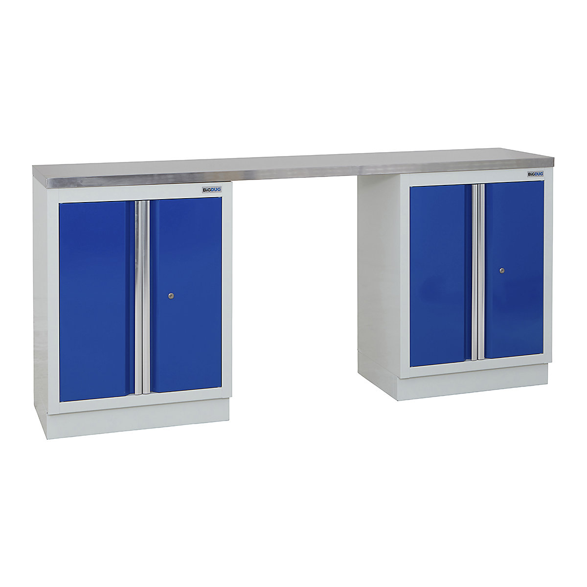 BiGDUG | 2041mm Wide Workbench | 2 Cabinet, BiGDUG | 2041mm Wide Workbench | 2 Cabinet, BiGDUG | 2041mm Wide Workbench | 2x 2 Door Cupboard | Grey Housing | Blue Doors | Stainless Worktop-0