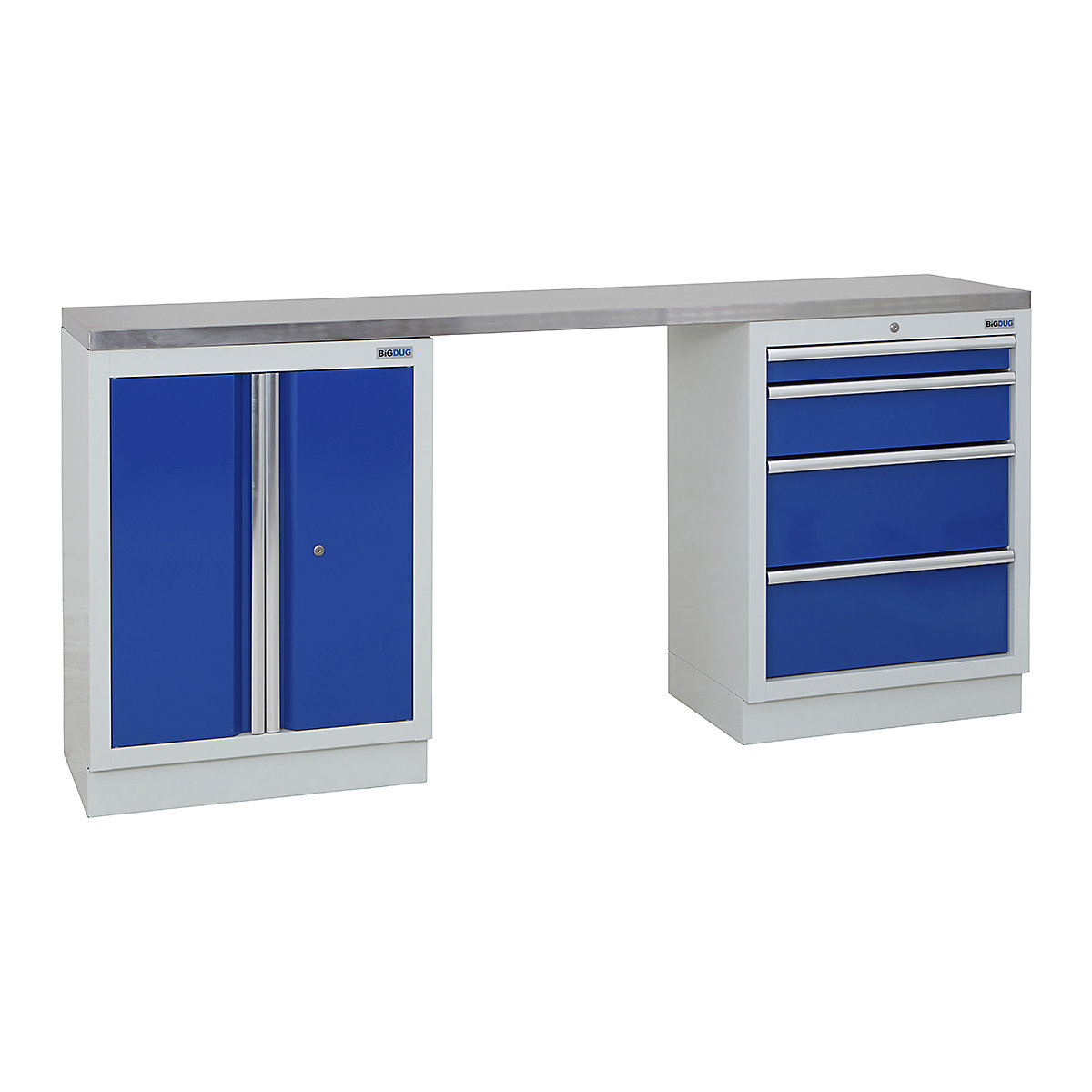 BiGDUG | 2041mm Wide Workbench | 2 Cabinet, BiGDUG | 2041mm Wide Workbench | 2 Cabinet, BiGDUG | 2041mm Wide Workbench | 2 Door Cupboard | 4 Drawer Cabinet | Grey Housing | Blue Doors | Stainless Worktop-0