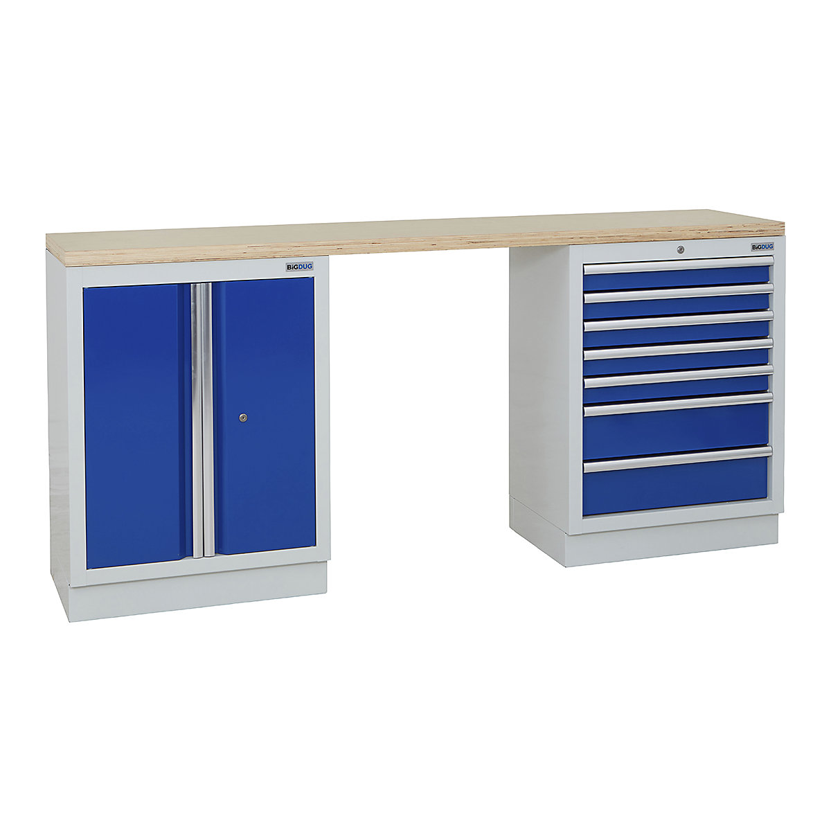 BiGDUG | 2041mm Wide Workbench | 2 Cabinet, BiGDUG | 2041mm Wide Workbench | 2 Cabinet, BiGDUG | 2041mm Wide Workbench | 2 Door Cupboard | 7 Drawer Cabinet | Grey Housing | Blue Doors | Multiplex Worktop-0