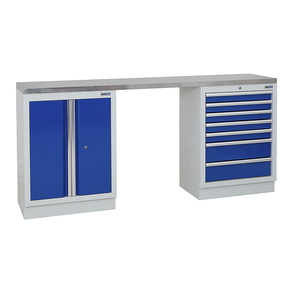 BiGDUG | 2041mm Wide Workbench | 2 Cabinet, BiGDUG | 2041mm Wide Workbench | 2 Cabinet, BiGDUG | 2041mm Wide Workbench | 2 Door Cupboard | 7 Drawer Cabinet | Grey Housing | Blue Doors | Stainless Worktop-0