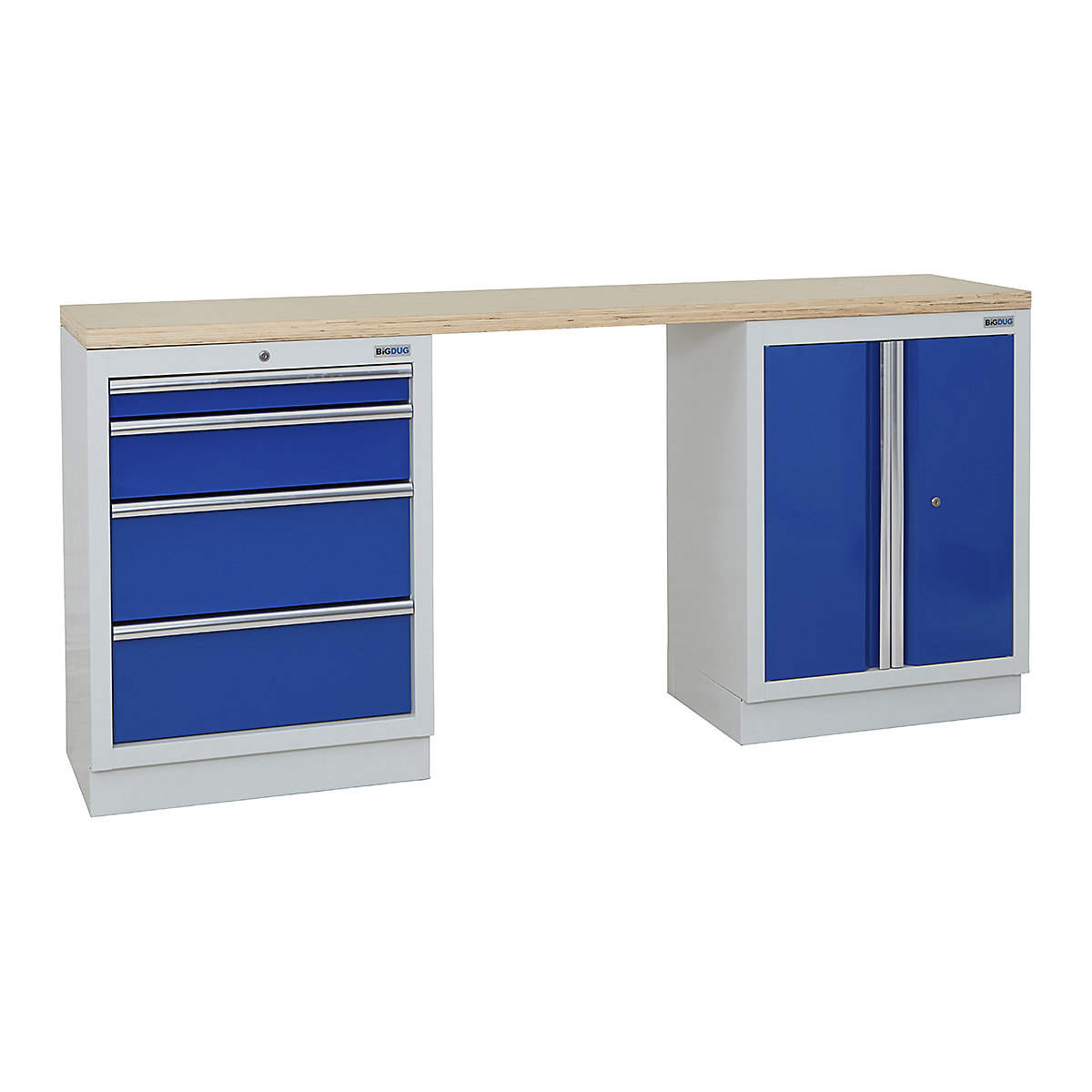 BiGDUG | 2041mm Wide Workbench | 2 Cabinet, BiGDUG | 2041mm Wide Workbench | 2 Cabinet, BiGDUG | 2041mm Wide Workbench | 4 Drawer Cabinet | 2 Door Cupboard | Grey Housing | Blue Drawers | Multiplex Worktop-0
