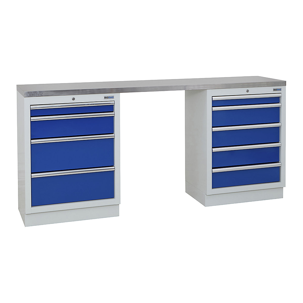 BiGDUG | 2041mm Wide Workbench | 2 Cabinet, BiGDUG | 2041mm Wide Workbench | 2 Cabinet, BiGDUG | 2041mm Wide Workbench | 4 Drawer Cabinet | 5 Drawer Cabinet | Grey Housing | Blue Drawers | Stainless Worktop-0