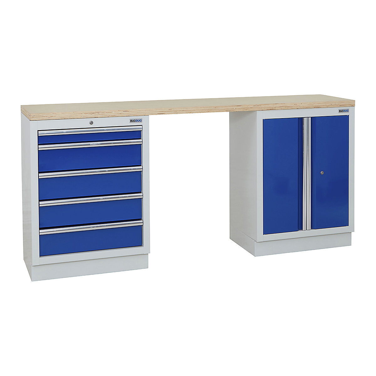 BiGDUG | 2041mm Wide Workbench | 2 Cabinet, BiGDUG | 2041mm Wide Workbench | 2 Cabinet, BiGDUG | 2041mm Wide Workbench | 5 Drawer Cabinet | 2 Door Cupboard | Grey Housing | Blue Drawers | Multiplex Worktop-0