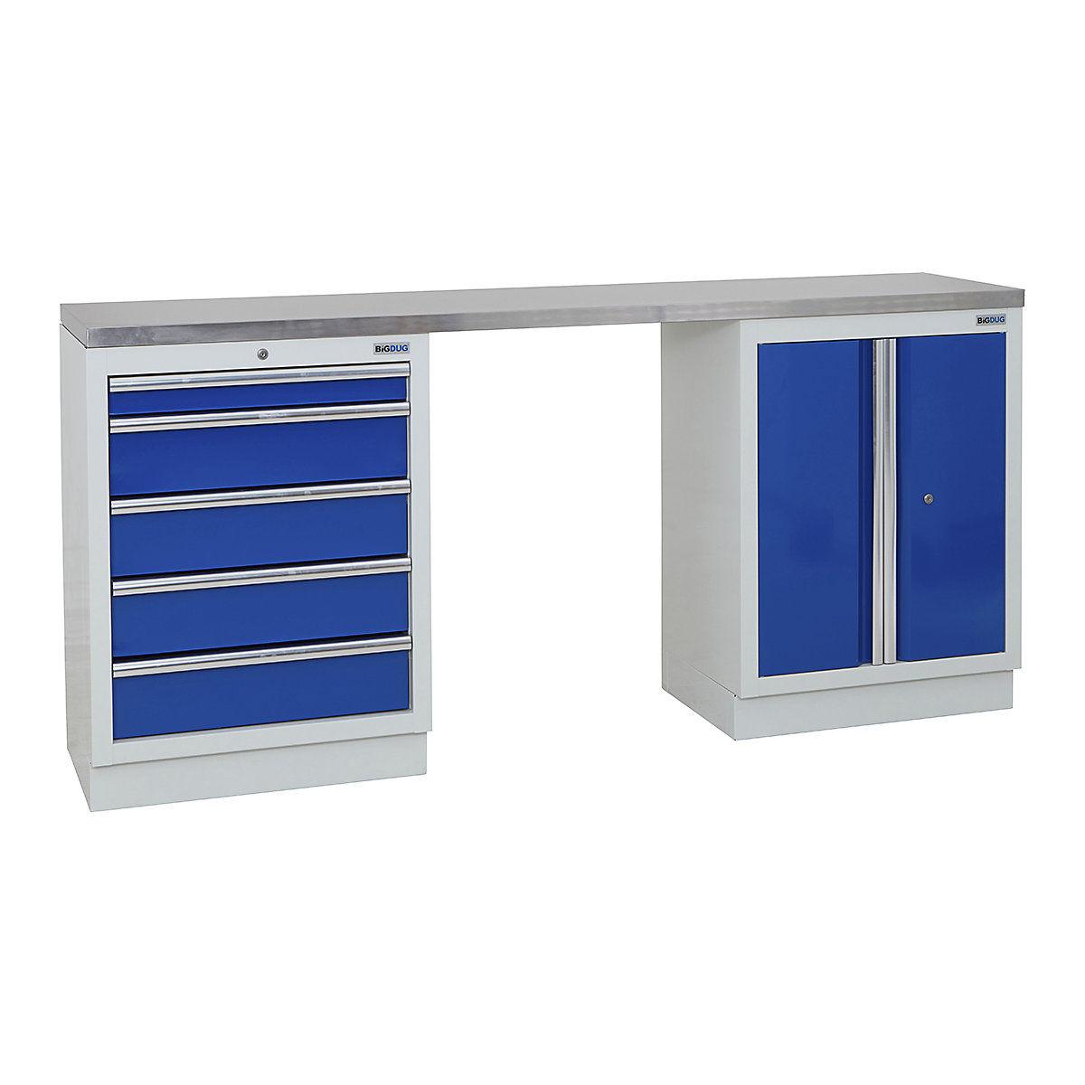 BiGDUG | 2041mm Wide Workbench | 2 Cabinet, BiGDUG | 2041mm Wide Workbench | 2 Cabinet, BiGDUG | 2041mm Wide Workbench | 5 Drawer Cabinet | 2 Door Cupboard | Grey Housing | Blue Drawers | Stainless Worktop-0