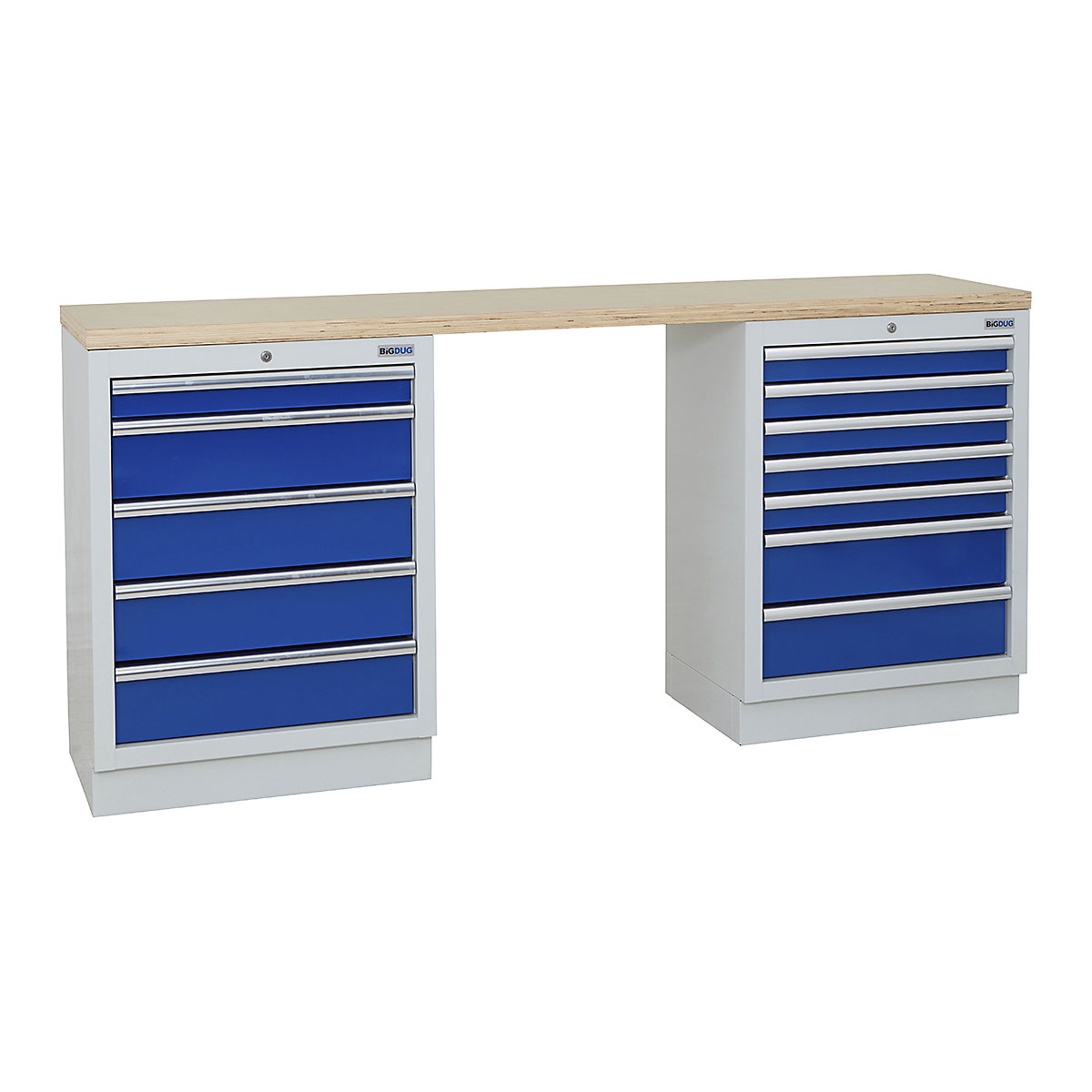 BiGDUG | 2041mm Wide Workbench | 2 Cabinet, BiGDUG | 2041mm Wide Workbench | 2 Cabinet, BiGDUG | 2041mm Wide Workbench | 5 Drawer Cabinet | 7 Drawer Cabinet | Grey Housing | Blue Drawers | Multiplex Worktop-0