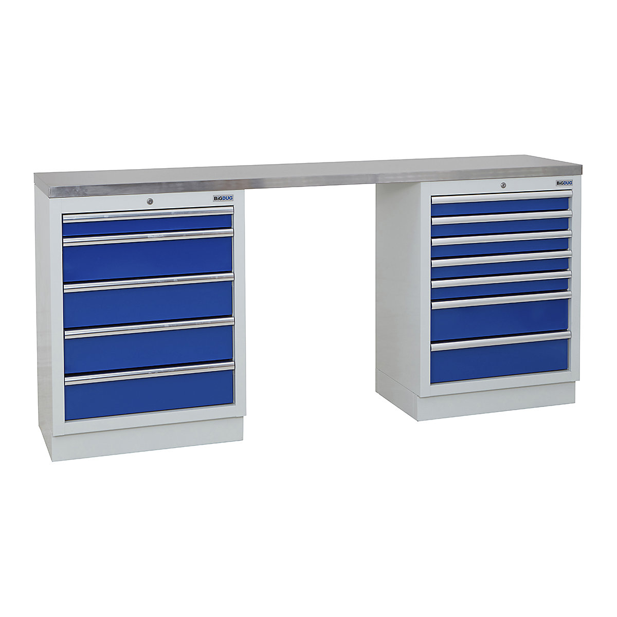 BiGDUG | 2041mm Wide Workbench | 2 Cabinet, BiGDUG | 2041mm Wide Workbench | 2 Cabinet, BiGDUG | 2041mm Wide Workbench | 5 Drawer Cabinet | 7 Drawer Cabinet | Grey Housing | Blue Drawers | Stainless Worktop-0