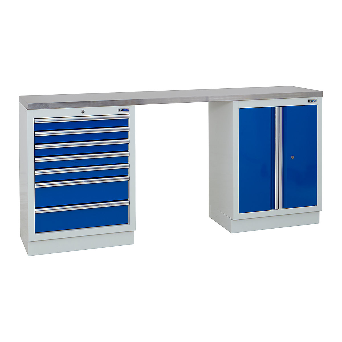 BiGDUG | 2041mm Wide Workbench | 2 Cabinet, BiGDUG | 2041mm Wide Workbench | 2 Cabinet, BiGDUG | 2041mm Wide Workbench | 7 Drawer Cabinet | 2 Door Cupboard | Grey Housing | Blue Drawers | Stainless Worktop-0