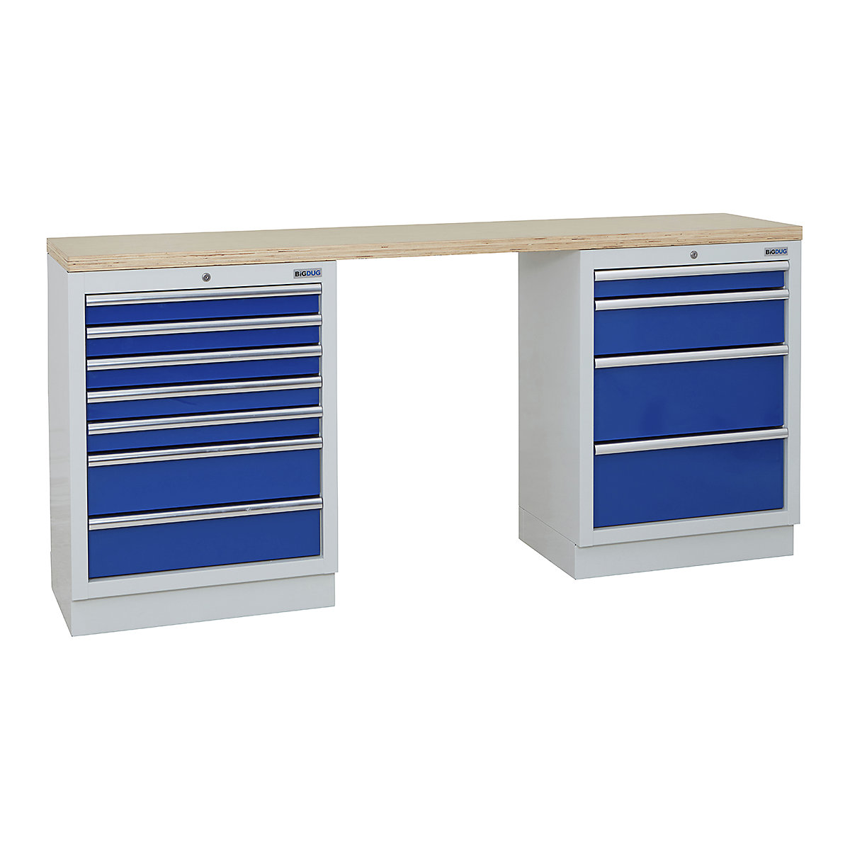 BiGDUG | 2041mm Wide Workbench | 2 Cabinet, BiGDUG | 2041mm Wide Workbench | 2 Cabinet, BiGDUG | 2041mm Wide Workbench | 7 Drawer Cabinet | 4 Drawer Cabinet | Grey Housing | Blue Drawers | Multiplex Worktop-0
