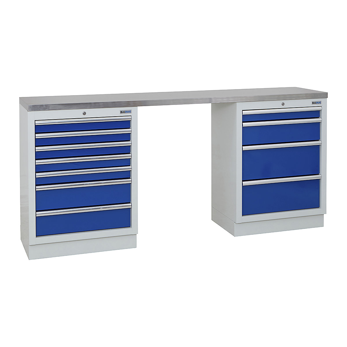 BiGDUG | 2041mm Wide Workbench | 2 Cabinet, BiGDUG | 2041mm Wide Workbench | 2 Cabinet, BiGDUG | 2041mm Wide Workbench | 7 Drawer Cabinet | 4 Drawer Cabinet | Grey Housing | Blue Drawers | Stainless Worktop-0