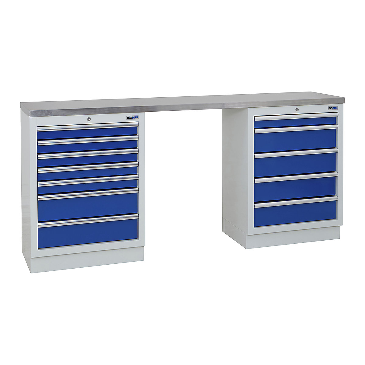 BiGDUG | 2041mm Wide Workbench | 2 Cabinet, BiGDUG | 2041mm Wide Workbench | 2 Cabinet, BiGDUG | 2041mm Wide Workbench | 7 Drawer Cabinet | 5 Drawer Cabinet | Grey Housing | Blue Drawers | Stainless Worktop-0
