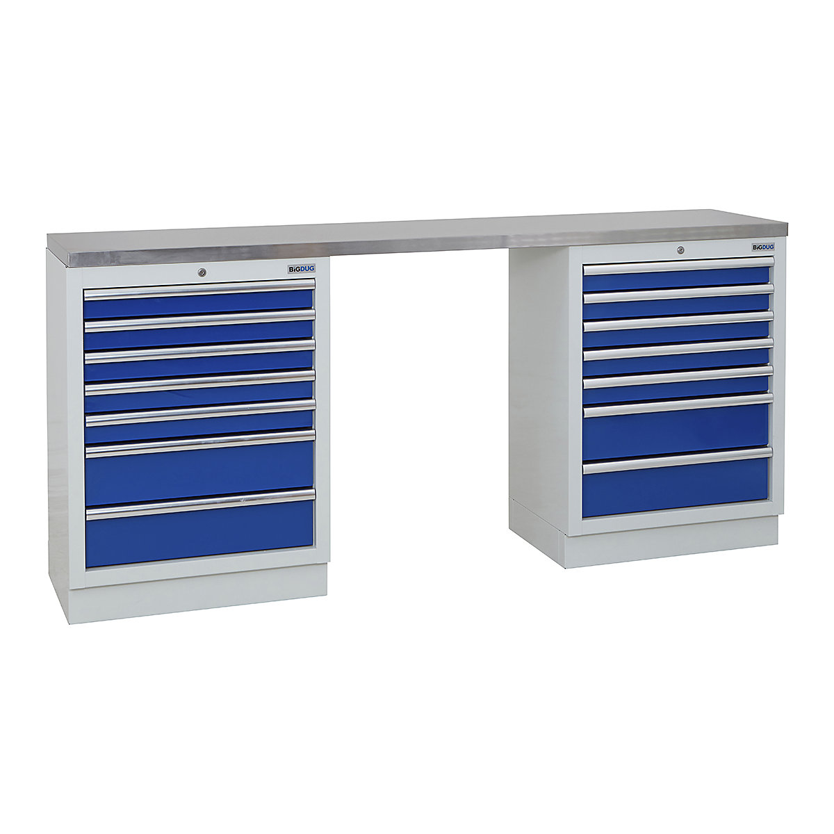 BiGDUG | 2041mm Wide Workbench | 2 Cabinet, BiGDUG | 2041mm Wide Workbench | 2 Cabinet, BiGDUG | 2041mm Wide Workbench | 2x 7 Drawer Cabinet | Grey Housing | Blue Drawers | Stainless Worktop-0