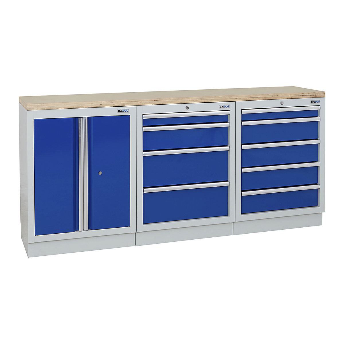 BiGDUG | 2041mm Wide Workbench | 3 Cabinet, BiGDUG | 2041mm Wide Workbench | 3 Cabinet, BiGDUG | 2041mm Wide Workbench | 2 Door Cupboard | 4 Drawer Cabinet | 5 Drawer Cabinet | Grey Housing | Blue Doors | Multiplex Worktop-1