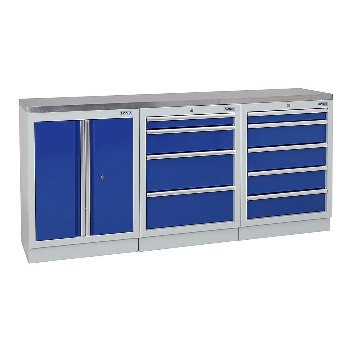 BiGDUG | 2041mm Wide Workbench | 3 Cabinet, BiGDUG | 2041mm Wide Workbench | 3 Cabinet, BiGDUG | 2041mm Wide Workbench | 2 Door Cupboard | 4 Drawer Cabinet | 5 Drawer Cabinet | Grey Housing | Blue Doors | Stainless Worktop-2