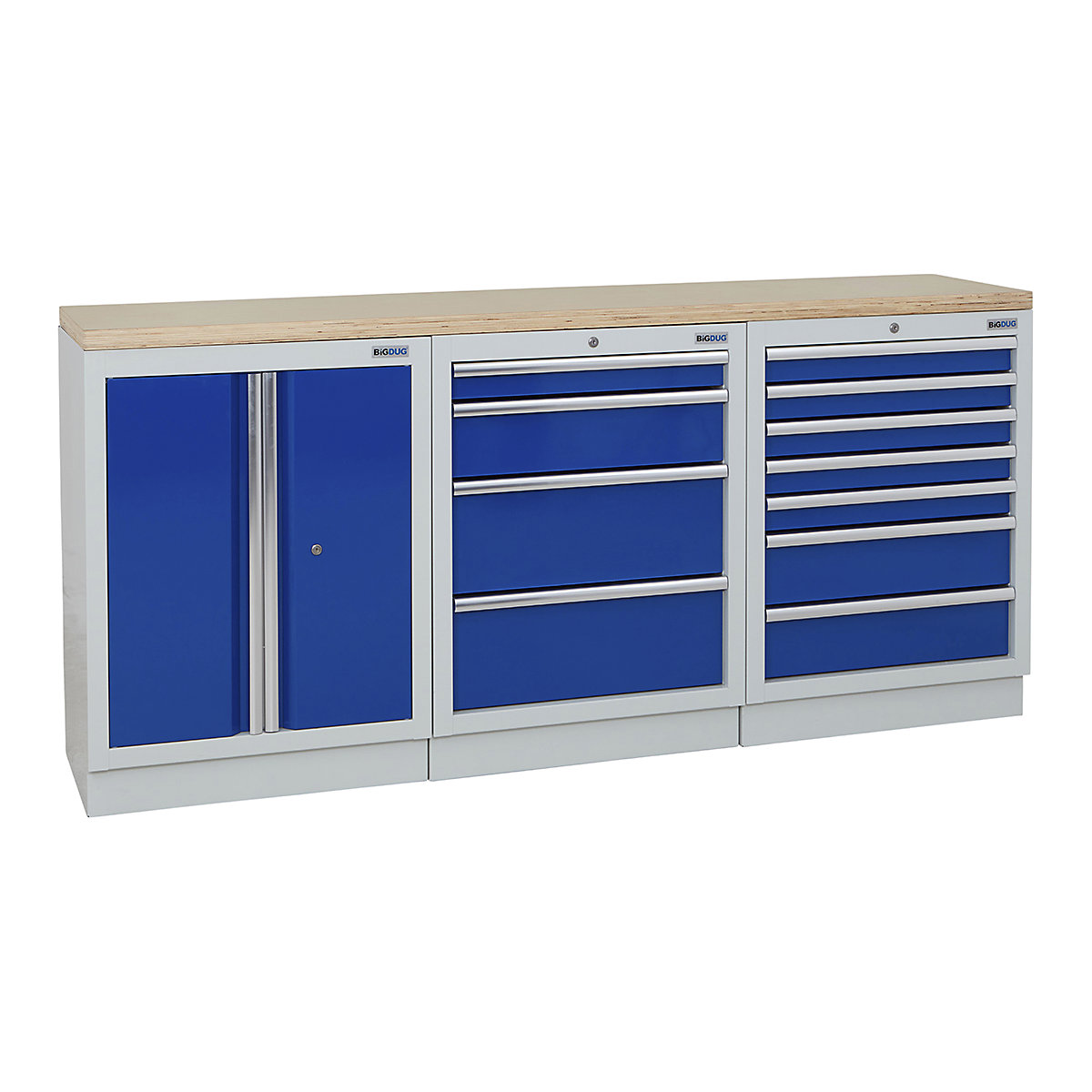 BiGDUG | 2041mm Wide Workbench | 3 Cabinet, BiGDUG | 2041mm Wide Workbench | 3 Cabinet, BiGDUG | 2041mm Wide Workbench | 2 Door Cupboard | 4 Drawer Cabinet | 7 Drawer Cabinet | Grey Housing | Blue Doors | Multiplex Worktop-0
