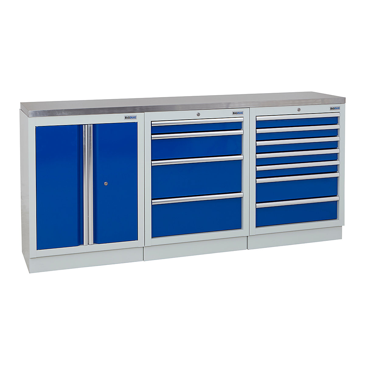 BiGDUG | 2041mm Wide Workbench | 3 Cabinet, BiGDUG | 2041mm Wide Workbench | 3 Cabinet, BiGDUG | 2041mm Wide Workbench | 2 Door Cupboard | 4 Drawer Cabinet | 7 Drawer Cabinet | Grey Housing | Blue Doors | Stainless Worktop-0