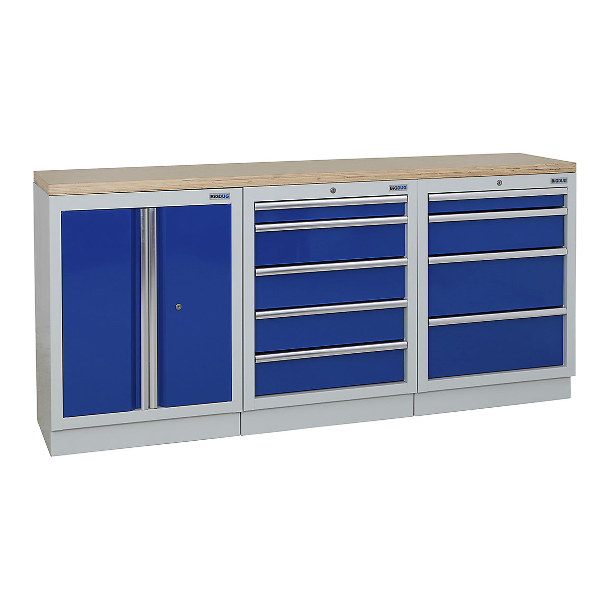 BiGDUG | 2041mm Wide Workbench | 3 Cabinet, BiGDUG | 2041mm Wide Workbench | 3 Cabinet, BiGDUG | 2041mm Wide Workbench | 2 Door Cupboard | 5 Drawer Cabinet | 4 Drawer Cabinet | Grey Housing | Blue Doors | Multiplex Worktop-0