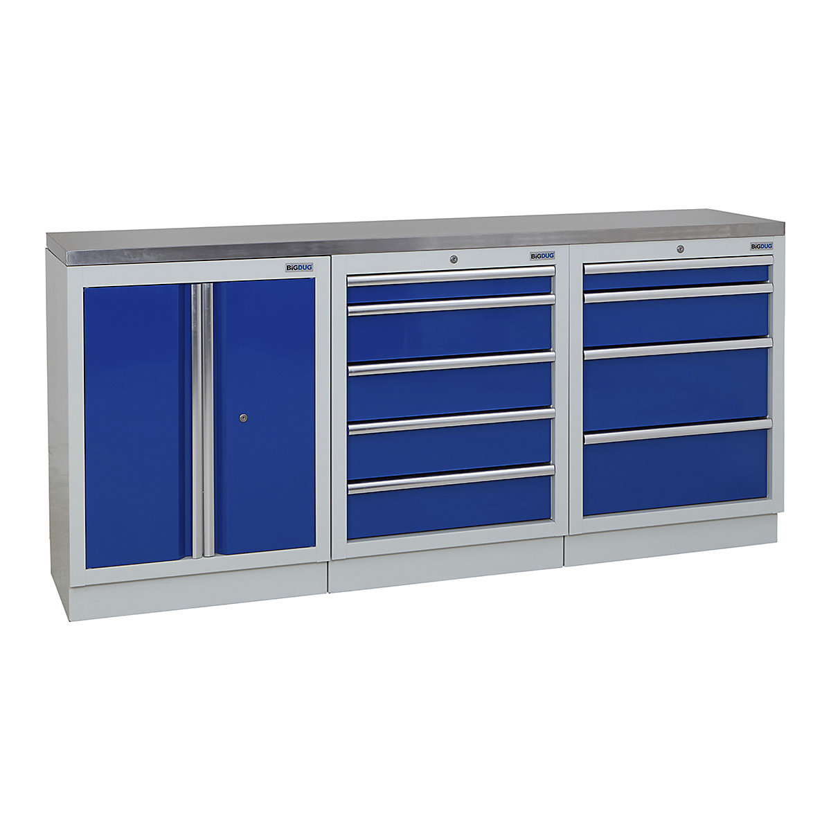 BiGDUG | 2041mm Wide Workbench | 3 Cabinet, BiGDUG | 2041mm Wide Workbench | 3 Cabinet, BiGDUG | 2041mm Wide Workbench | 2 Door Cupboard | 5 Drawer Cabinet | 4 Drawer Cabinet | Grey Housing | Blue Doors | Stainless Worktop-0