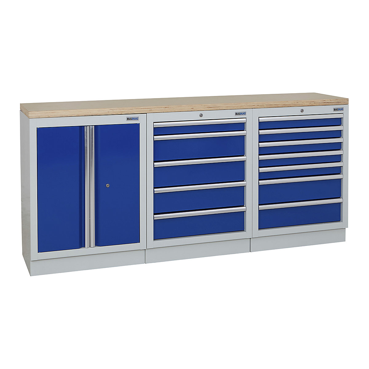 BiGDUG | 2041mm Wide Workbench | 3 Cabinet, BiGDUG | 2041mm Wide Workbench | 3 Cabinet, BiGDUG | 2041mm Wide Workbench | 2 Door Cupboard | 5 Drawer Cabinet | 7 Drawer Cabinet | Grey Housing | Blue Doors | Multiplex Worktop-0