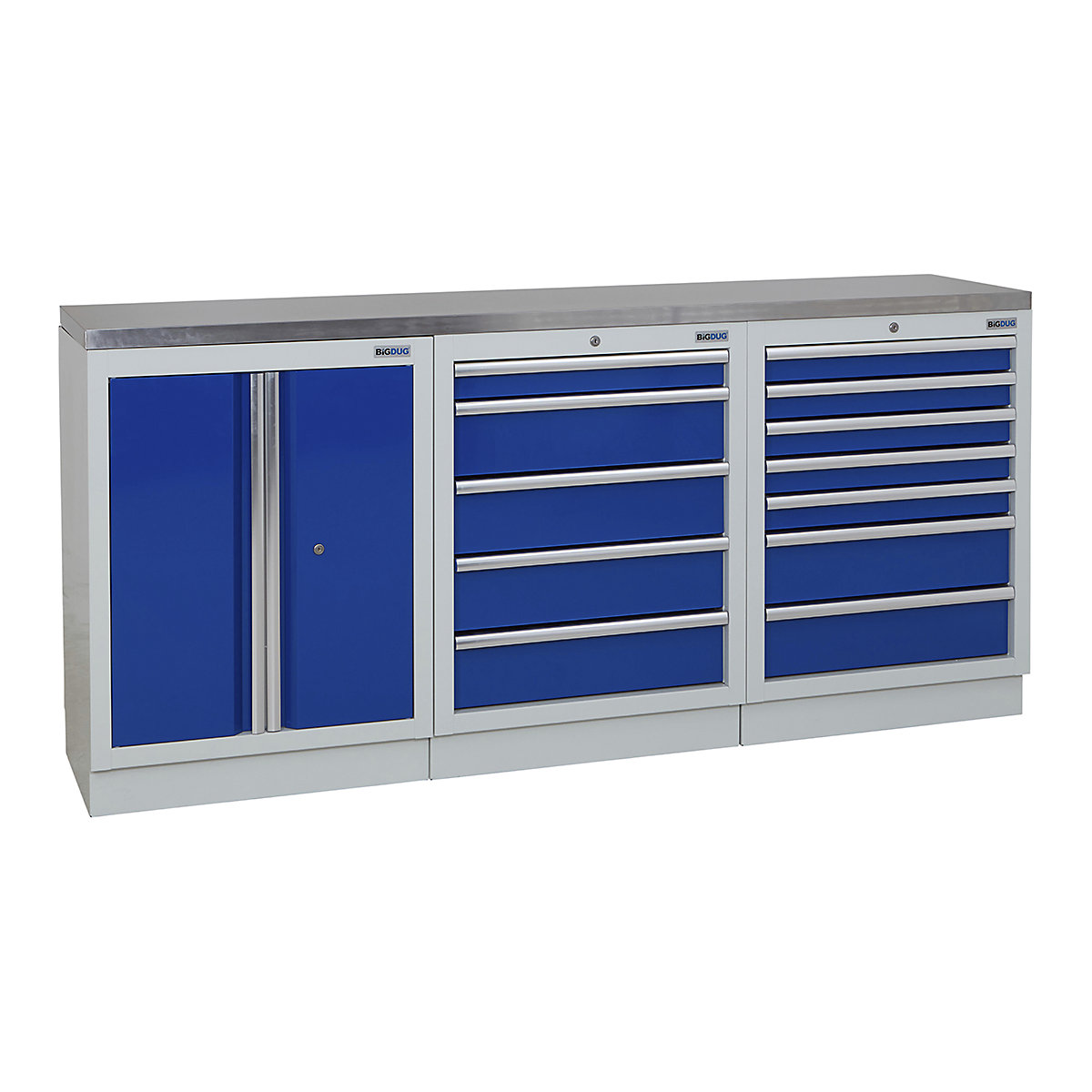 BiGDUG | 2041mm Wide Workbench | 3 Cabinet, BiGDUG | 2041mm Wide Workbench | 3 Cabinet, BiGDUG | 2041mm Wide Workbench | 2 Door Cupboard | 5 Drawer Cabinet | 7 Drawer Cabinet | Grey Housing | Blue Doors | Stainless Worktop-0