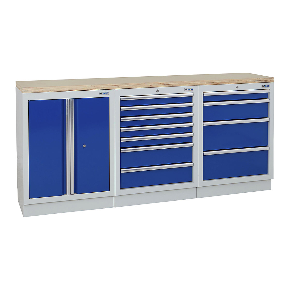 BiGDUG | 2041mm Wide Workbench | 3 Cabinet, BiGDUG | 2041mm Wide Workbench | 3 Cabinet, BiGDUG | 2041mm Wide Workbench | 2 Door Cupboard | 7 Drawer Cabinet | 4 Drawer Cabinet | Grey Housing | Blue Doors | Multiplex Worktop-0
