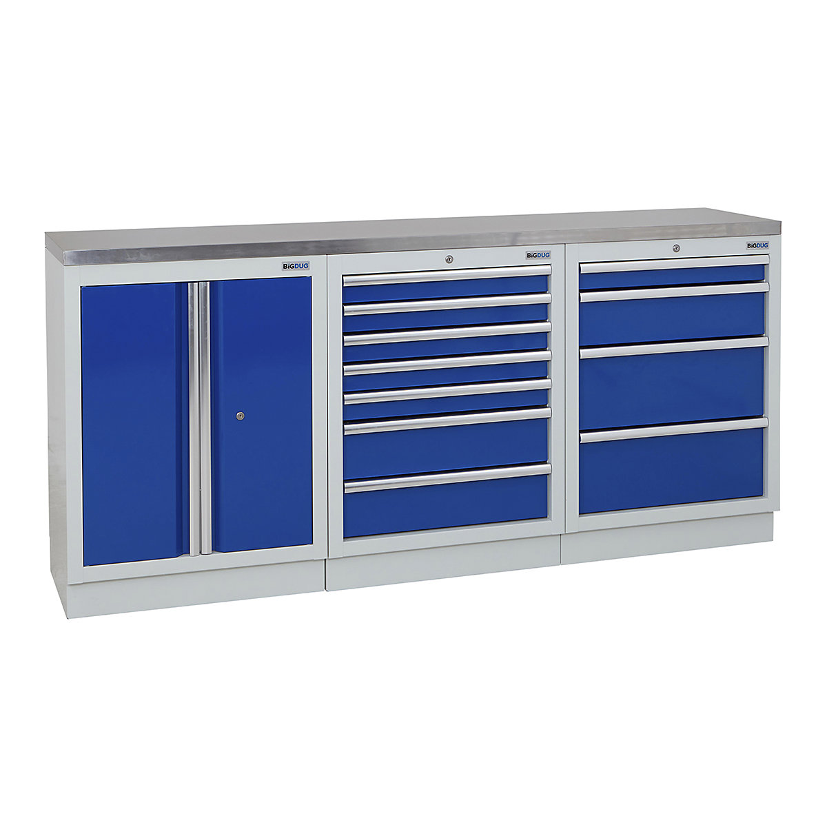 BiGDUG | 2041mm Wide Workbench | 3 Cabinet, BiGDUG | 2041mm Wide Workbench | 3 Cabinet, BiGDUG | 2041mm Wide Workbench | 2 Door Cupboard | 7 Drawer Cabinet | 4 Drawer Cabinet | Grey Housing | Blue Doors | Stainless Worktop-0