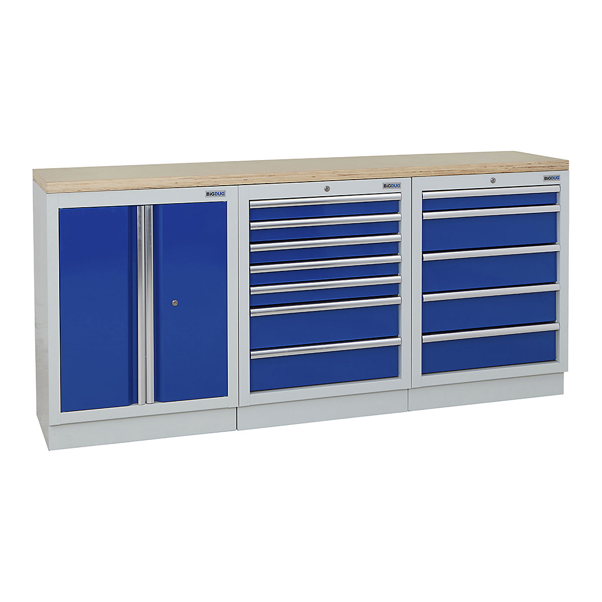 BiGDUG | 2041mm Wide Workbench | 3 Cabinet, BiGDUG | 2041mm Wide Workbench | 3 Cabinet, BiGDUG | 2041mm Wide Workbench | 2 Door Cupboard | 7 Drawer Cabinet | 5 Drawer Cabinet | Grey Housing | Blue Doors | Multiplex Worktop-0