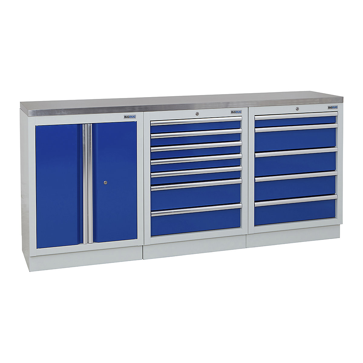 BiGDUG | 2041mm Wide Workbench | 3 Cabinet, BiGDUG | 2041mm Wide Workbench | 3 Cabinet, BiGDUG | 2041mm Wide Workbench | 2 Door Cupboard | 7 Drawer Cabinet | 5 Drawer Cabinet | Grey Housing | Blue Doors | Stainless Worktop-0