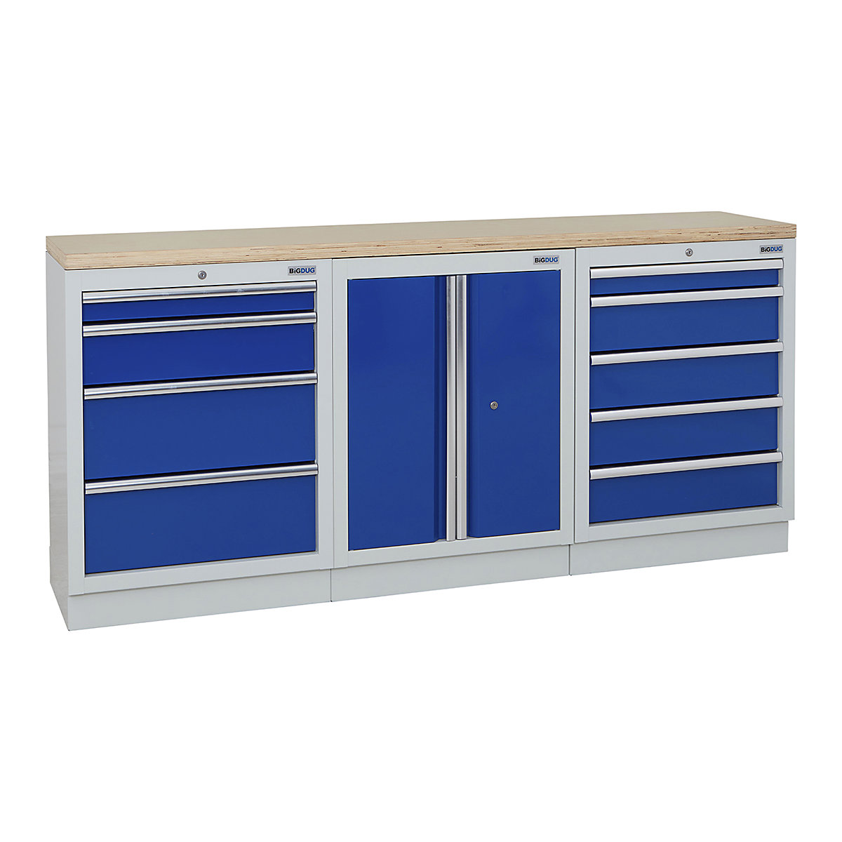 BiGDUG | 2041mm Wide Workbench | 3 Cabinet, BiGDUG | 2041mm Wide Workbench | 3 Cabinet, BiGDUG | 2041mm Wide Workbench | 4 Drawer Cabinet | 2 Door Cupboard | 5 Drawer Cabinet | Grey Housing | Blue Doors | Multiplex Worktop-0