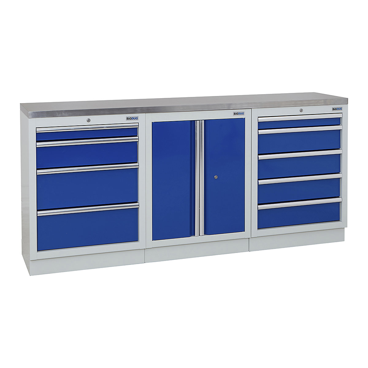 BiGDUG | 2041mm Wide Workbench | 3 Cabinet, BiGDUG | 2041mm Wide Workbench | 3 Cabinet, BiGDUG | 2041mm Wide Workbench | 4 Drawer Cabinet | 2 Door Cupboard | 5 Drawer Cabinet | Grey Housing | Blue Doors | Stainless Worktop-0