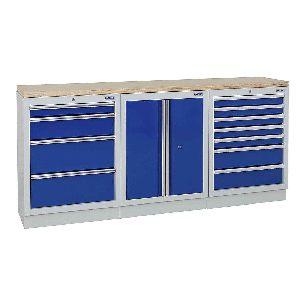 BiGDUG | 2041mm Wide Workbench | 3 Cabinet, BiGDUG | 2041mm Wide Workbench | 3 Cabinet, BiGDUG | 2041mm Wide Workbench | 4 Drawer Cabinet | 2 Door Cupboard | 7 Drawer Cabinet | Grey Housing | Blue Doors | Multiplex Worktop-0