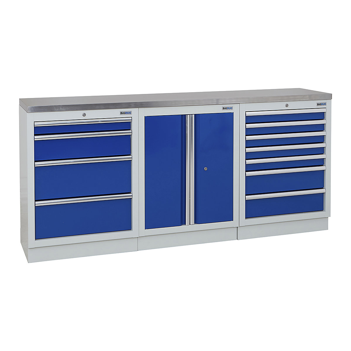 BiGDUG | 2041mm Wide Workbench | 3 Cabinet, BiGDUG | 2041mm Wide Workbench | 3 Cabinet, BiGDUG | 2041mm Wide Workbench | 4 Drawer Cabinet | 2 Door Cupboard | 7 Drawer Cabinet | Grey Housing | Blue Doors | Stainless Worktop-0