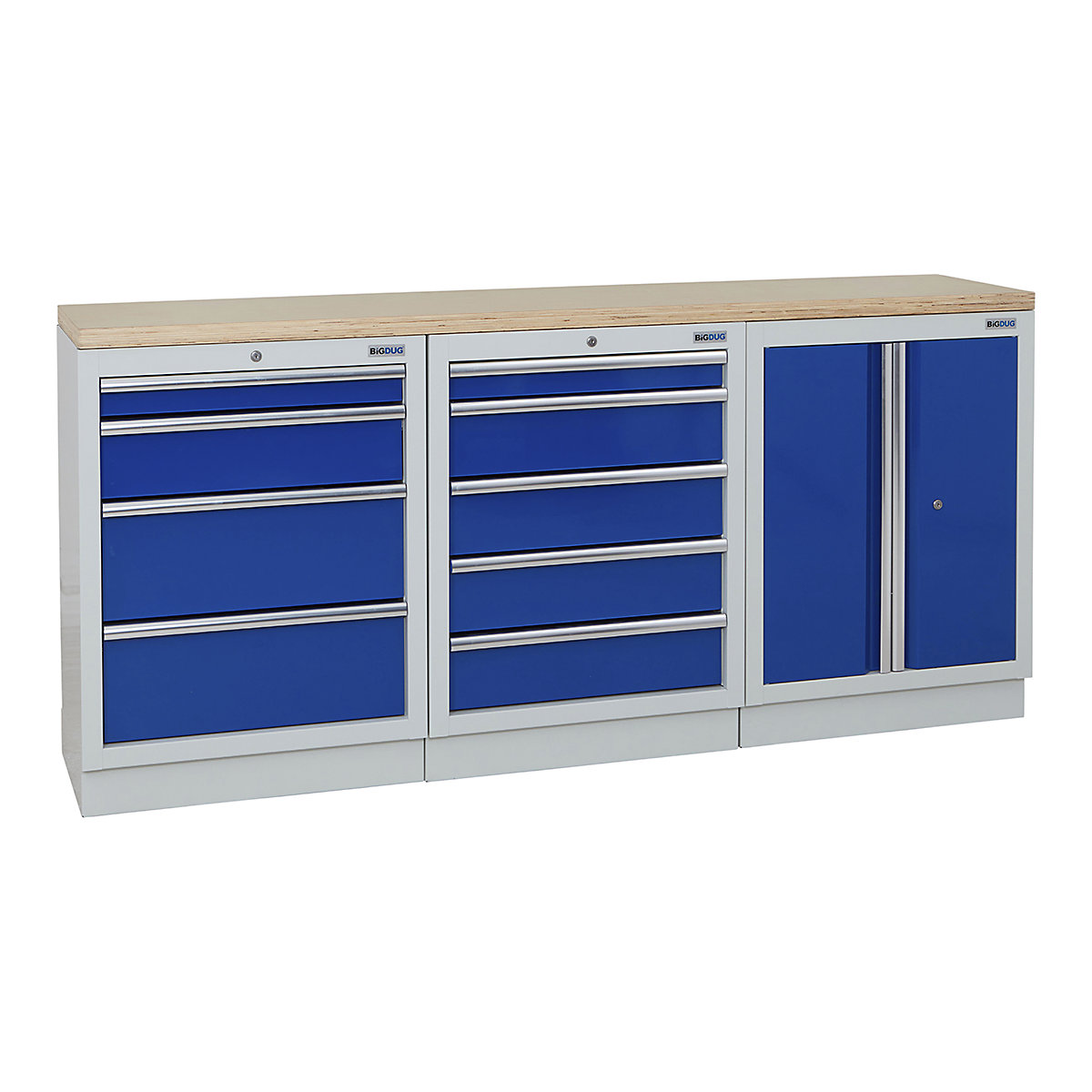 BiGDUG | 2041mm Wide Workbench | 3 Cabinet, BiGDUG | 2041mm Wide Workbench | 3 Cabinet, BiGDUG | 2041mm Wide Workbench | 4 Drawer Cabinet | 5 Drawer Cabinet | 2 Door Cupboard | Grey Housing | Blue Doors | Multiplex Worktop-0