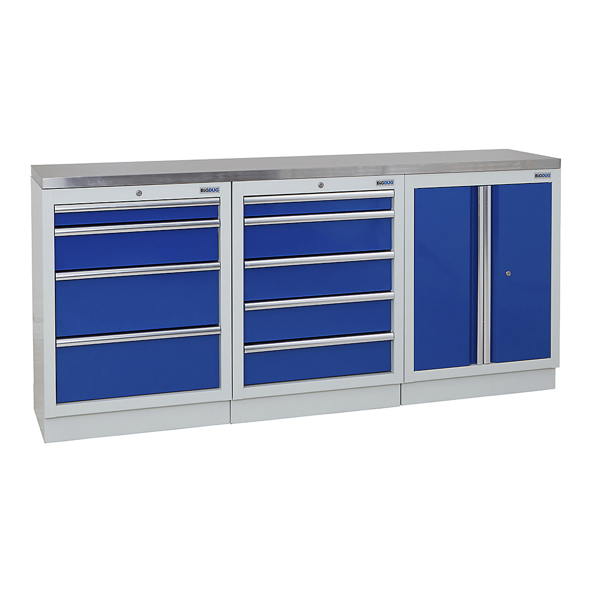 BiGDUG | 2041mm Wide Workbench | 3 Cabinet, BiGDUG | 2041mm Wide Workbench | 3 Cabinet, BiGDUG | 2041mm Wide Workbench | 4 Drawer Cabinet | 5 Drawer Cabinet | 2 Door Cupboard | Grey Housing | Blue Doors | Stainless Worktop-0