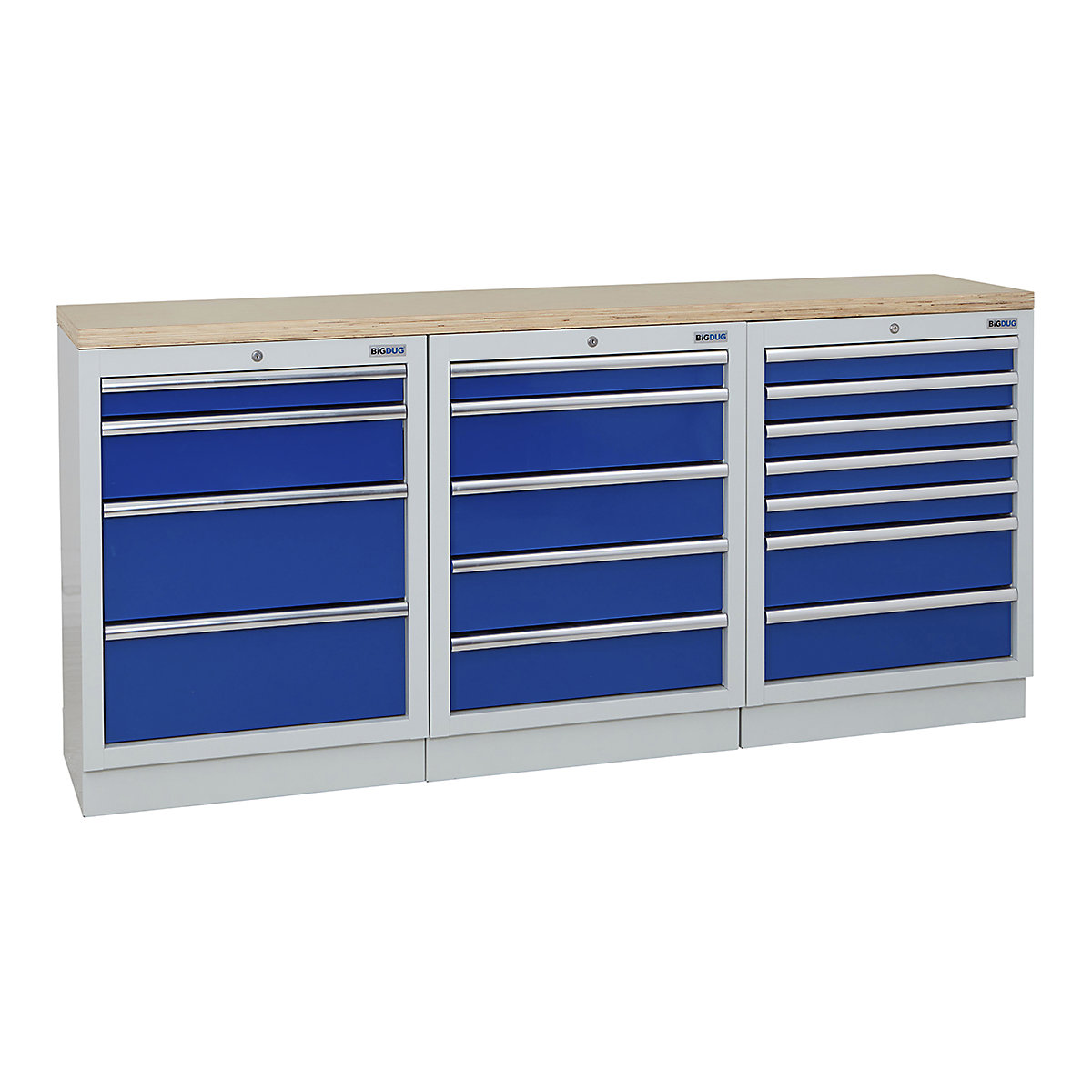 BiGDUG | 2041mm Wide Workbench | 3 Cabinet, BiGDUG | 2041mm Wide Workbench | 3 Cabinet, BiGDUG | 2041mm Wide Workbench | 4 Drawer Cabinet | 5 Drawer Cabinet | 7 Drawer Cabinet | Grey Housing | Blue Doors | Multiplex Worktop-0