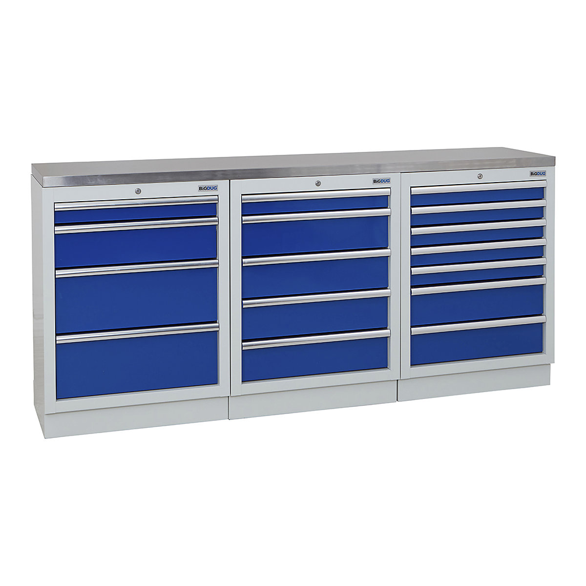 BiGDUG | 2041mm Wide Workbench | 3 Cabinet, BiGDUG | 2041mm Wide Workbench | 3 Cabinet, BiGDUG | 2041mm Wide Workbench | 4 Drawer Cabinet | 5 Drawer Cabinet | 7 Drawer Cabinet | Grey Housing | Blue Doors | Stainless Worktop-0