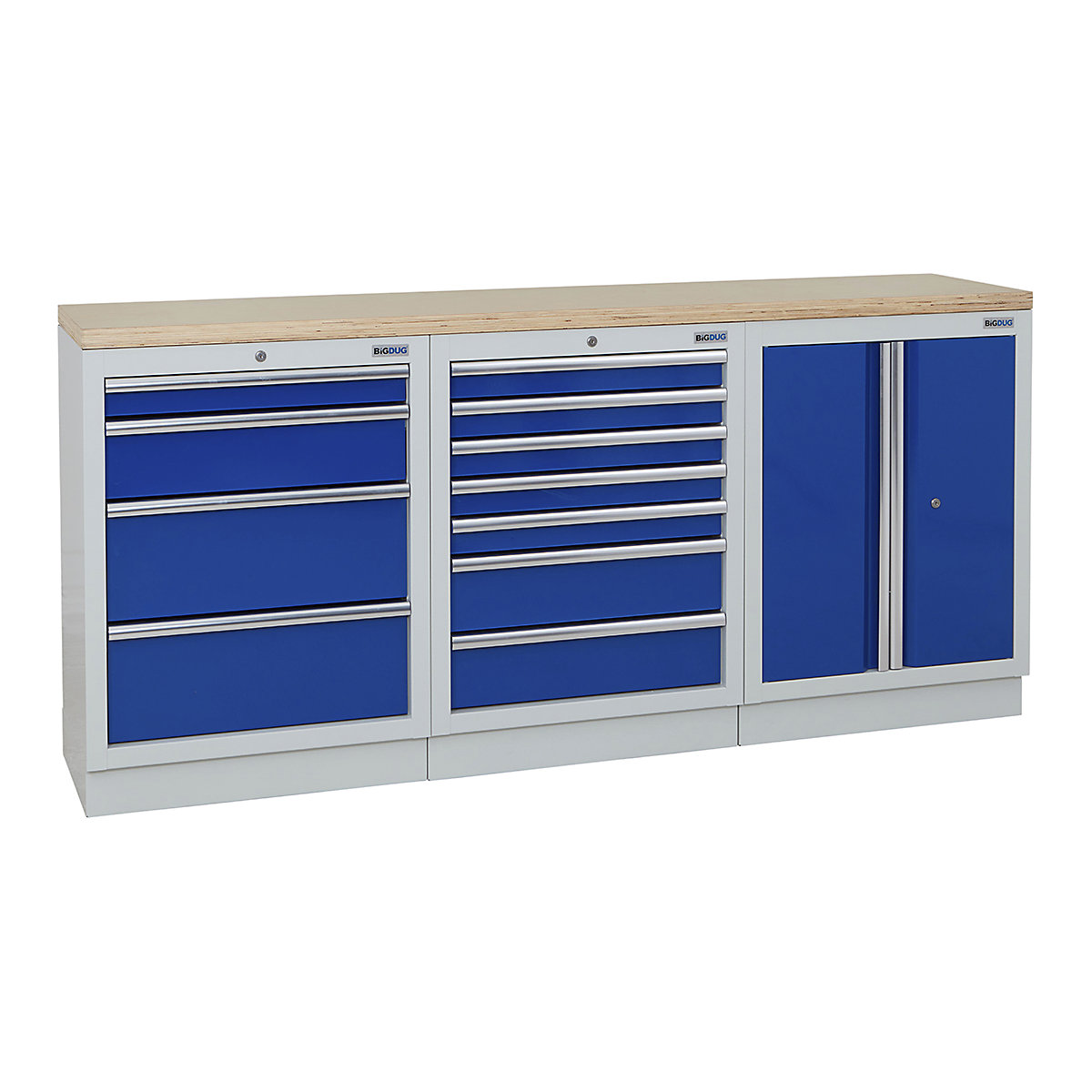 BiGDUG | 2041mm Wide Workbench | 3 Cabinet, BiGDUG | 2041mm Wide Workbench | 3 Cabinet, BiGDUG | 2041mm Wide Workbench | 4 Drawer Cabinet | 7 Drawer Cabinet | 2 Door Cupboard | Grey Housing | Blue Doors | Multiplex Worktop-0