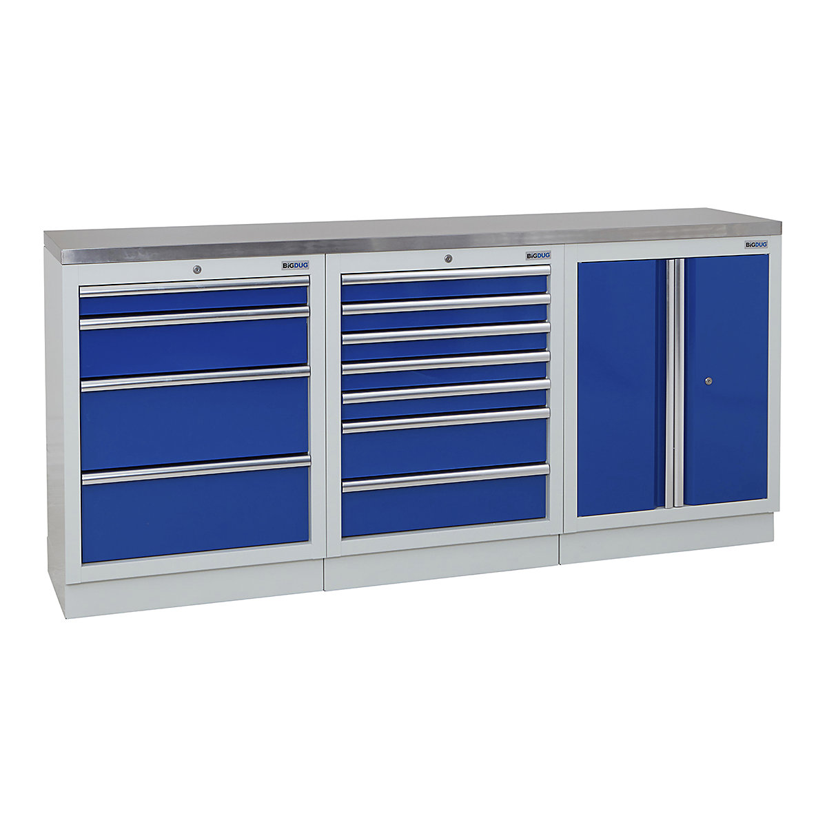 BiGDUG | 2041mm Wide Workbench | 3 Cabinet, BiGDUG | 2041mm Wide Workbench | 3 Cabinet, BiGDUG | 2041mm Wide Workbench | 4 Drawer Cabinet | 7 Drawer Cabinet | 2 Door Cupboard | Grey Housing | Blue Doors | Stainless Worktop-0