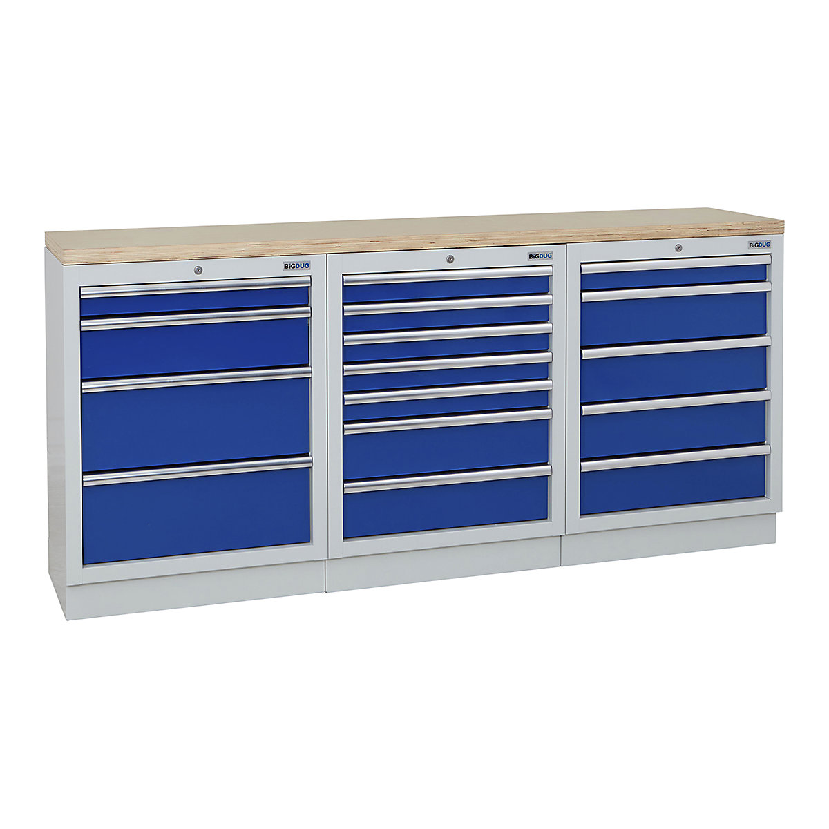 BiGDUG | 2041mm Wide Workbench | 3 Cabinet, BiGDUG | 2041mm Wide Workbench | 3 Cabinet, BiGDUG | 2041mm Wide Workbench | 4 Drawer Cabinet | 7 Drawer Cabinet | 5 Drawer Cabinet | Grey Housing | Blue Doors | Multiplex Worktop-0