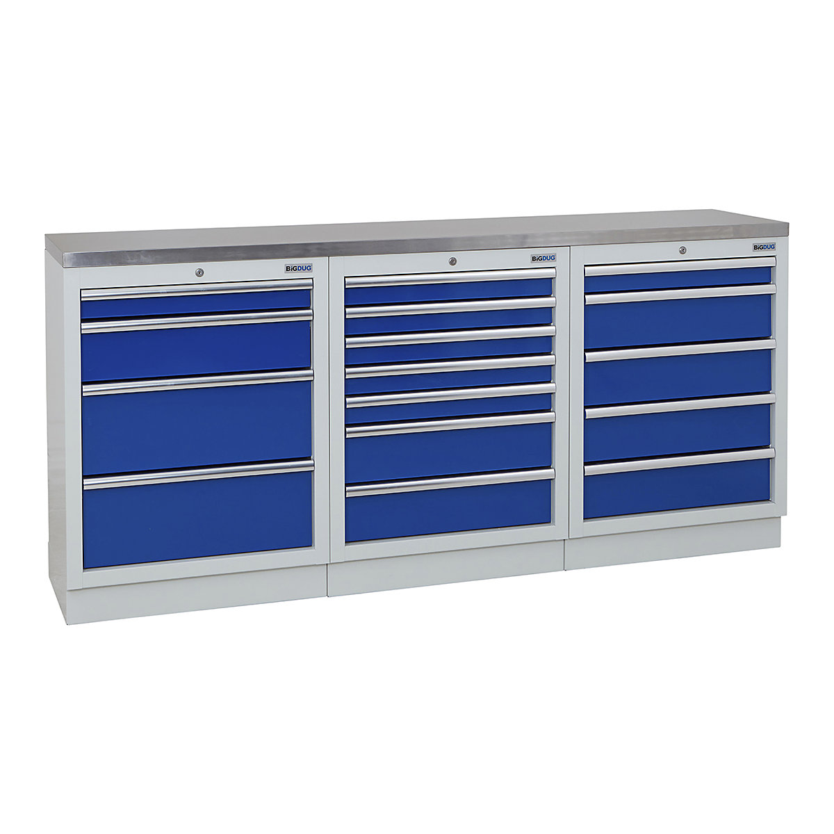 BiGDUG | 2041mm Wide Workbench | 3 Cabinet, BiGDUG | 2041mm Wide Workbench | 3 Cabinet, BiGDUG | 2041mm Wide Workbench | 4 Drawer Cabinet | 7 Drawer Cabinet | 5 Drawer Cabinet | Grey Housing | Blue Doors | Stainless Worktop-0