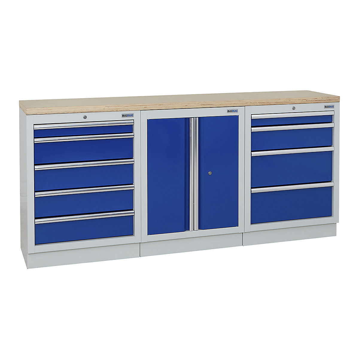 BiGDUG | 2041mm Wide Workbench | 3 Cabinet, BiGDUG | 2041mm Wide Workbench | 3 Cabinet, BiGDUG | 2041mm Wide Workbench | 5 Drawer Cabinet | 2 Door Cupboard | 4 Drawer Cabinet | Grey Housing | Blue Doors | Multiplex Worktop-0