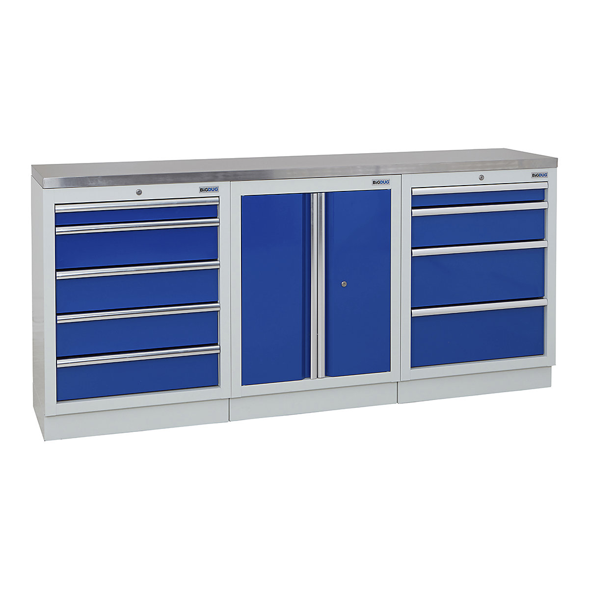 BiGDUG | 2041mm Wide Workbench | 3 Cabinet, BiGDUG | 2041mm Wide Workbench | 3 Cabinet, BiGDUG | 2041mm Wide Workbench | 5 Drawer Cabinet | 2 Door Cupboard | 4 Drawer Cabinet | Grey Housing | Blue Doors | Stainless Worktop-0