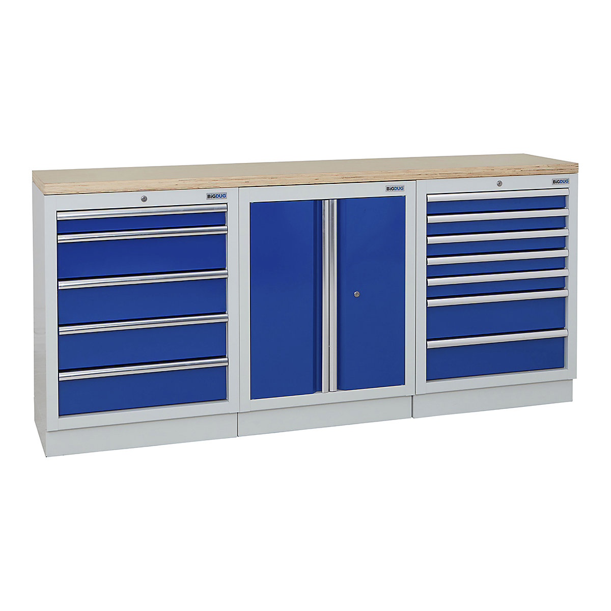 BiGDUG | 2041mm Wide Workbench | 3 Cabinet, BiGDUG | 2041mm Wide Workbench | 3 Cabinet, BiGDUG | 2041mm Wide Workbench | 5 Drawer Cabinet | 2 Door Cupboard | 7 Drawer Cabinet | Grey Housing | Blue Doors | Multiplex Worktop-0