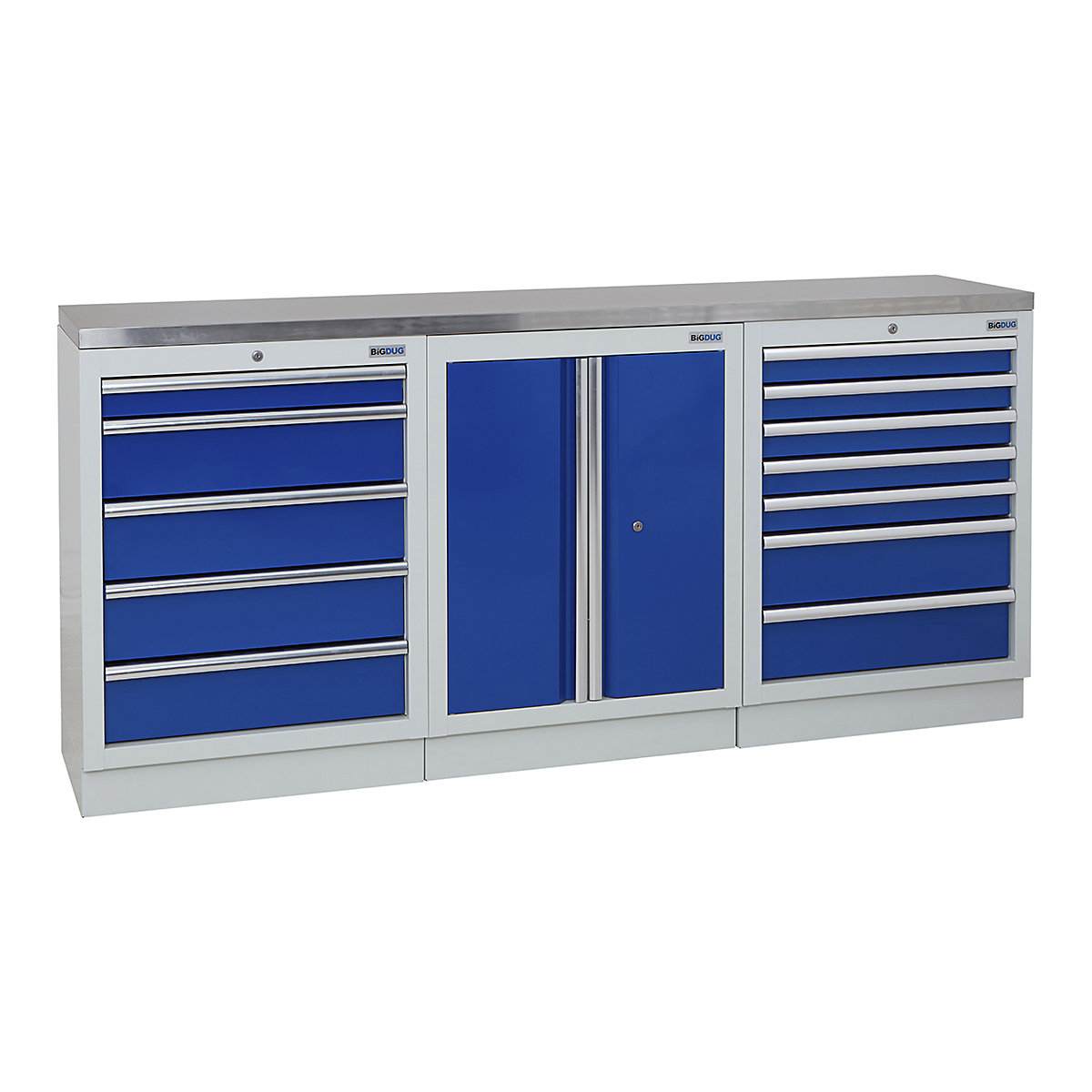 BiGDUG | 2041mm Wide Workbench | 3 Cabinet, BiGDUG | 2041mm Wide Workbench | 3 Cabinet, BiGDUG | 2041mm Wide Workbench | 5 Drawer Cabinet | 2 Door Cupboard | 7 Drawer Cabinet | Grey Housing | Blue Doors | Stainless Worktop-0